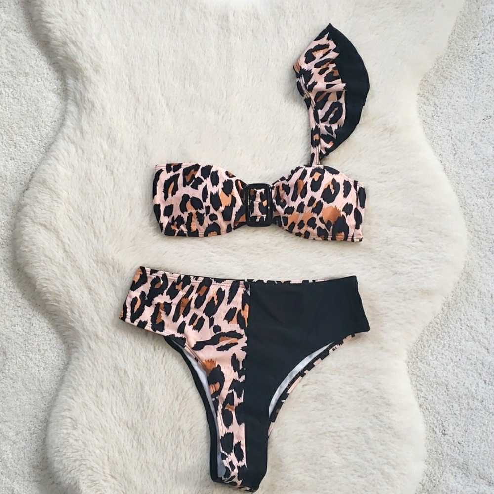 Leopard Ruffle Strap Bandeau High Waist Bikini Set - Picture 5 of 11